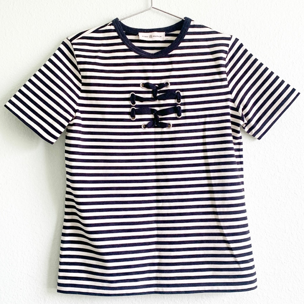 TORY BURCH ladies tie logo striped short sleeve top brand Small tee shirt